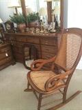 Dresser matches the queen bed; antique cane rocker