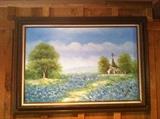 Vintage Oil On Canvas Painting of Blue Bonnets and farmstead signed by Delino