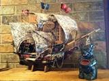 Vintage Model Sailing Ship and cast iron bear bank