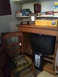 Antique chair, small TV, vintage TV cabinet, and Kodak Easy Share Digital Picture Frame