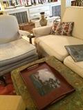    Sofa, arm chair, ottoman, and decorative tray