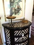 Three-drawer "zebra" chest; framed "Pileated Woodpecker" print 