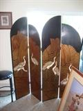 Stunning Oriental folding screen with decorations (different) on both sides.