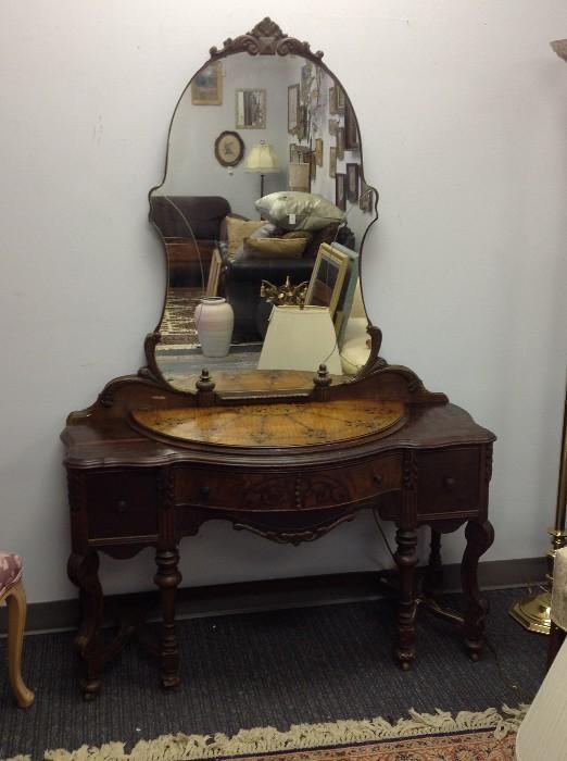 Antique Entry Table w/ Inlaid Top & Mirror 