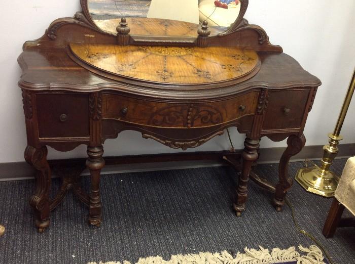 Antique Entry Table w/ Inlaid Top & Mirror - Detail