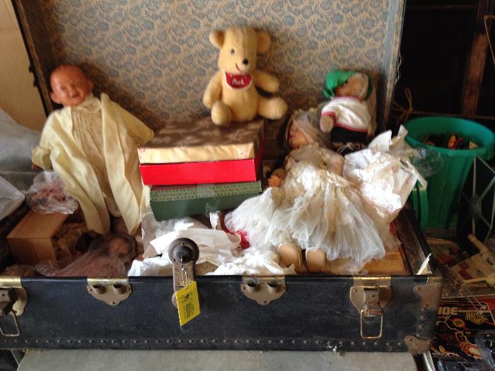 antique dolls and stuffed animals, antique steamer chest