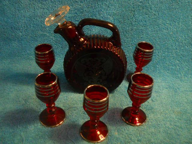 Sterling Overlay Ruby Deco Decanter Set