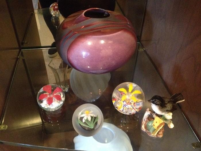 Variety of mid century signed paperweights, glass and enamel