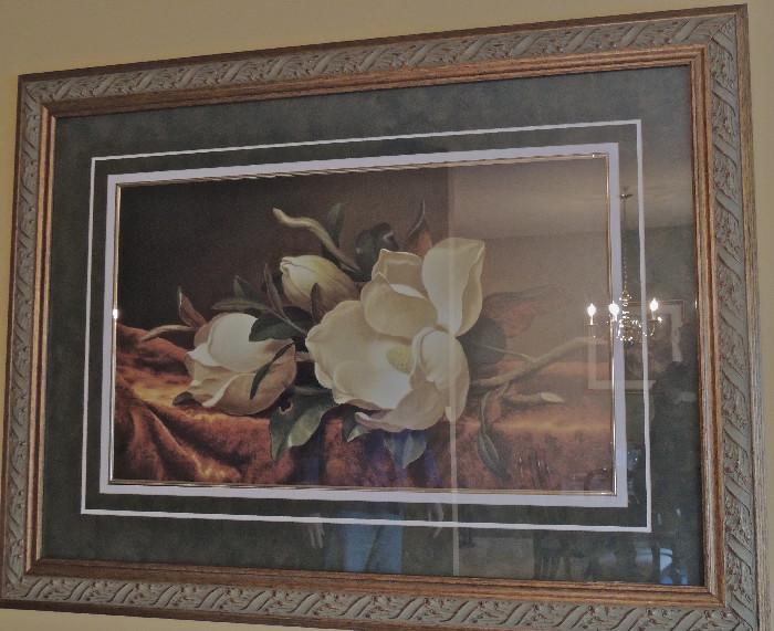 One of framed prints, magnolias.