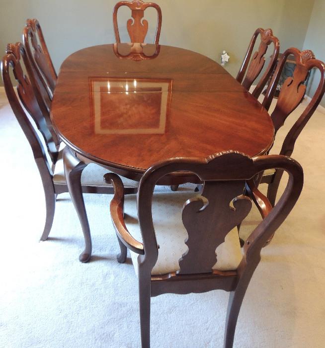 Dining room set, 6 chairs, leaves, table pads.