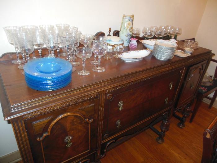 Vintage Hand Carved Mahogany Side Board,With Vintage Stemware, Luncheon plates