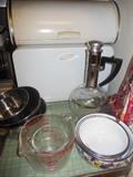 Vintage Bread Box, Glass Mixing Cups, Carafe 