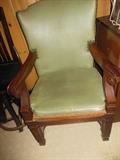 Vintage Mahogany Curved Arm Rest, Caned Seat,with Green Leather Studded Upholestry
