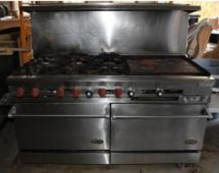 T1-1.jpg	Commercial Stove. 6 burner commercial gas stove with 24" griddle by Dynamic Cooking Systems. It is in good working condition. This measures 55"Hx60"Wx30"D. Wouldnt this be awesome in your kitchen! One oven door with need slight adjusting.