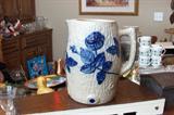 Blue and white stoneware pitcher.