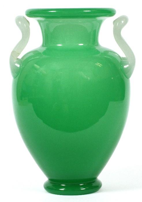 Lot#1006, STEUBEN JADE & ALABASTER GLASS HANDLED VASE, C. 1920, H 10 1/2", W 7"Baluster form jade glass vase, flanked by curved alabaster handles. Appears to be unsigned, measuring H. 10 1/2" x 7". Circa 1920.