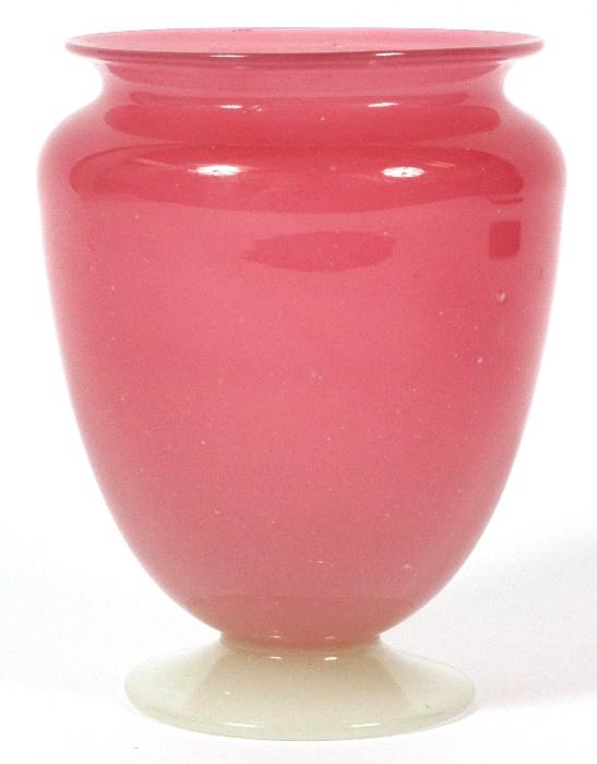 Lot#1008, STEUBEN ROSALINE & ALABASTER GLASS VASE, C. 1920, H 5 1/4", DIA 3 3/4"Baluster footed form vase, with an alabaster base. Appears to be unsigned, measuring H. 5 1/4" x 3 3/4", circa 1920.