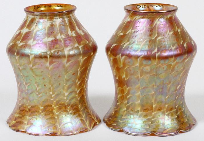 Lot#1027, QUEZAL ART GLASS SHADES, EARLY 20TH C., TWO, H 5 1/4"Marked at the interior of the upper rims. Measuring H. 5 1/4", circa early 20th Century.