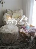 COTTAGE STYLE OVERSTUFFED DOWN FILLED ARM CHAIR AND OTTOMAN, VINTAGE DOLL CRADLE