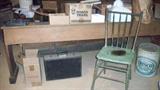 School desk with bench, old tins, old chairs