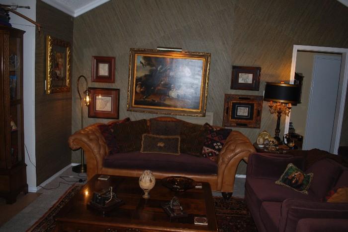 Custom Tufted "Glove Leather" Camel Back Sofa with Mohair Cushion by William Alan & Custom Mohair Love Seat and Henredon Coffee Table