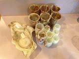 Set of Six Onyx Wine Glasses, Six Onyx Cordial Glasses, Two Onyx Coffee Cups and an Onyx Cany Tray. 
