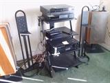 stereo equipment, stands, speakers, cables