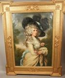 Lot 1  -  Antique Oil on Canvas.  Portrait of French lady with Hat.  Fancy gold painted frame.-- Dimensions:  Image Size: H: 29.5 inches: W: 21.5 inches --- 