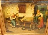 Lot 2  -  J Arlet Oil Painting on Canvas.  Antique tavern scene.  Heavy gilt frame.  Old relining.-- Dimensions:  Image Size: H: 21.25 inches: W: 26.5 inches --- 