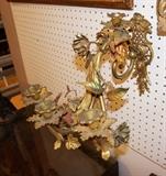 Lot 18  -  Pair of Brass and iron wall sconces. 3 arm candle sconces. Floral design. Painted Highlights.-- Dimensions:  H: 12 inches: W: 14 inches: D: 12 inches --- 