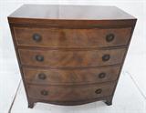 Lot 26  -  Baker four drawer bowed front bachelors chest with glass top. Mahogany. Pencil Inlay. -- Dimensions:  H: 30 1/4 inches: W: 28 inches: D: 16 inches --- 