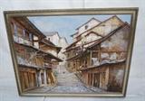 Lot 46  -  Duan Zhen Zhang Oil Painting on Canvas.  Village with Stairs. 2001-- Dimensions:  Image Size: H: 29.5 inches: W: 39.5 inches --- 