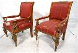 Lot 47  -  French Empire Style Arm Chairs.  Egyptian.  Burled wood with brass mounts.-- Dimensions:  H: 42 inches: W: 30 inches: D: 26 inches --- 