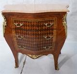 Lot 49  -  Reproduction Marble Top Commode Chest Dresser.  Parquetry inlay and brass mounts.-- Dimensions:  H: 32.5 inches: W: 33.5 inches: D: 16 inches --- 