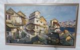 Lot 60  -  Duan Zhen Zhang Oil Painting on Canvas.  Village on Lake.-- Dimensions:  Image Size: H: 29.5 inches: W: 51.75 inches --- 