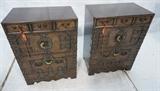 Lot 64  -  Pair socks chest. Manufactured in the Yi dynasty period. Dating around 150 years old. 3 drawers and 2 double doors on each. Each pair of doors have brass fish locks with key. Brass pulls -- Dimensions:  H: 24 1/4 inches: W: 18 1/2 inches: D: 12 inches --- 