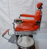 Lot 71  -  Vintage KOKEN Barber Chair.  Chrome with Red Vinyl Upholstery.   White enamel base.-- Dimensions:  H: 47 inches: W: 35 inches: D: 40 inches --- 