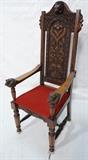 Lot 78  -  Fancy Carved walnut Throne Chair.  Lion head carvings.  Back Carved front and back.  Tall Back.-- Dimensions:  H: 57.5 inches: W: 24 inches: D: 23 inches --- 