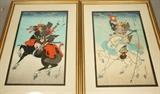 Lot 101  -  Pair Sadanobu Kagesue Woodblock Prints.  Warrior Kajiwara Kagesue and Warrior Sasaki Takatsuna.-- Dimensions:  Image Size: H: 15 inches: W: 10 inches --- 