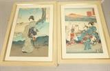 Lot 102  -  Pair Japanese Woodblock Prints.  Geisha and Figures at Harbor.-- Dimensions:  Image Size: H: 13.75 inches: W: 9 inches --- 