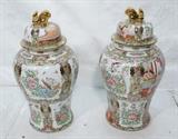 Lot 107  -  Pair Contemporary Large Asian Lidded Urns.  Soft paste porcelain.  Raised paint decoration.-- Dimensions:  H: 34 inches: W: 17 inches --- 