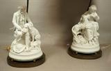 Lot 110  -  Pair Parian Porcelain Table Lamps.  Figural Male and Female with dog.-- Dimensions:  H: 34.5 inches: W: 13 inches: D: 10 inches --- 