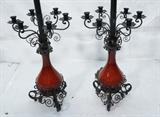 Lot 111  -  Pair Iron and Pottery Lamps.  Fancy scroll iron and red pottery centers.  5 arm.-- Dimensions:  H: 38.5 inches: W: 14 inches --- 