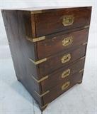 Lot 113  -  Small Campaign Style Chest with 5 Drawers.  Brass straps and recessed handles.-- Dimensions:  H: 21 inches: W: 14.75 inches: D: 14.75 inches --- 