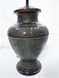Lot 120  -  Large Asian Bronze Table Lamp. Incised carved decoration.  Nice patina.  Base 20 x 14-- Dimensions:   --- 