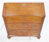 Lot 130  -  Antique Handmade Slant Front Desk.  Fitted interior.  Brass hardware.-- Dimensions:  H: 43.5 inches: W: 40.5 inches: D: 21 inches --- 