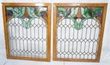 Lot 132  -  Pair of Vintage Stain Glass Windows.  Stained glass tightened and reframed.  Colorful shield top.-- Dimensions:  H: 46 inches: W: 38 inches --- 