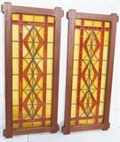 Lot 134  -  Pair Vintage Stained Glass Windows.  Custom Arts and crafts frame. Stain glass tightened and reframed.  Red and amber-- Dimensions:  H: 55.5 inches: W: 24.5 inches --- 