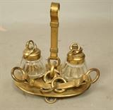 Lot 204  -  Antique English Brass Riding Double Inkwell.  1 glass cracked in half.-- Dimensions:  H: 6 inches: W: 5.5 inches: D: 3.5 inches --- 