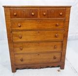 Lot 54  -  Antique Tall chest dresser. Mahogany veneer. Wood pulls, panel back. -- Dimensions:  H: 48 inches: W: 42 inches: D: 18 inches --- 